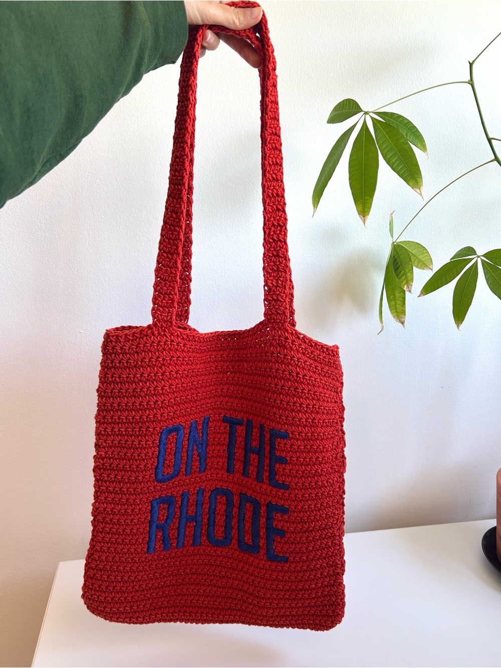RHODE Red Crochet Tote with Blue Lettering
